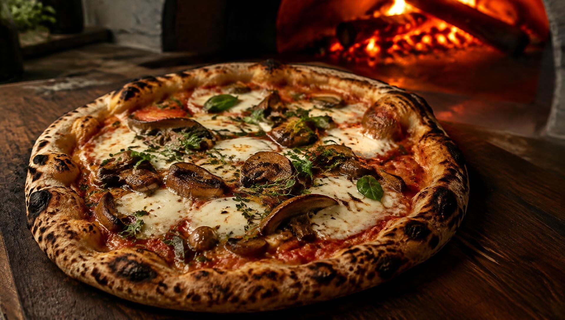 Pizza with mushrooms, mozzarella and fresh herbs in front of a glowing oven